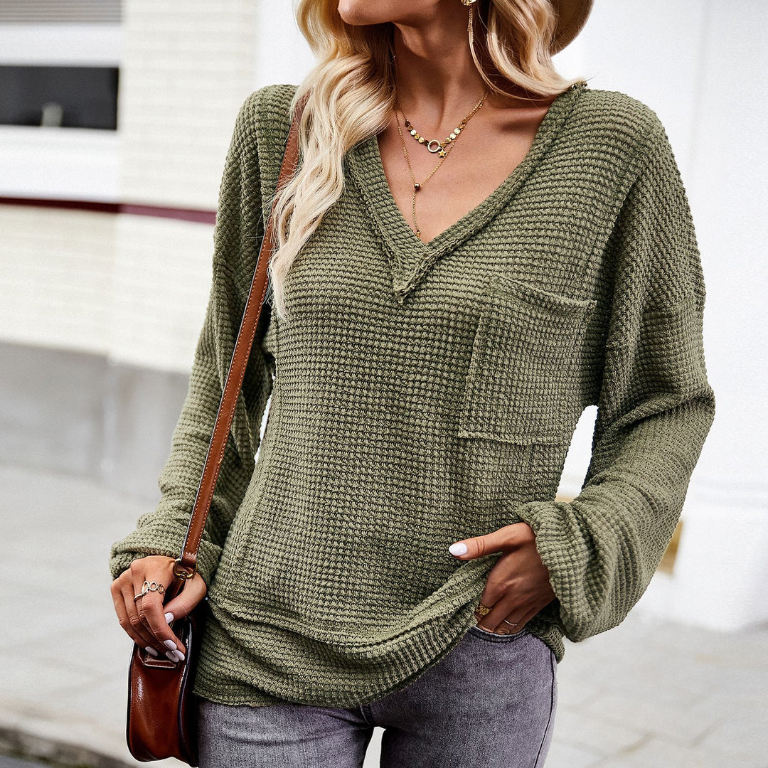 Damen nan Waffelstruktur V‑Neck Pullover mit aufgesetzter Brusttasche und überschnittenen Ärmeln Shop Nory