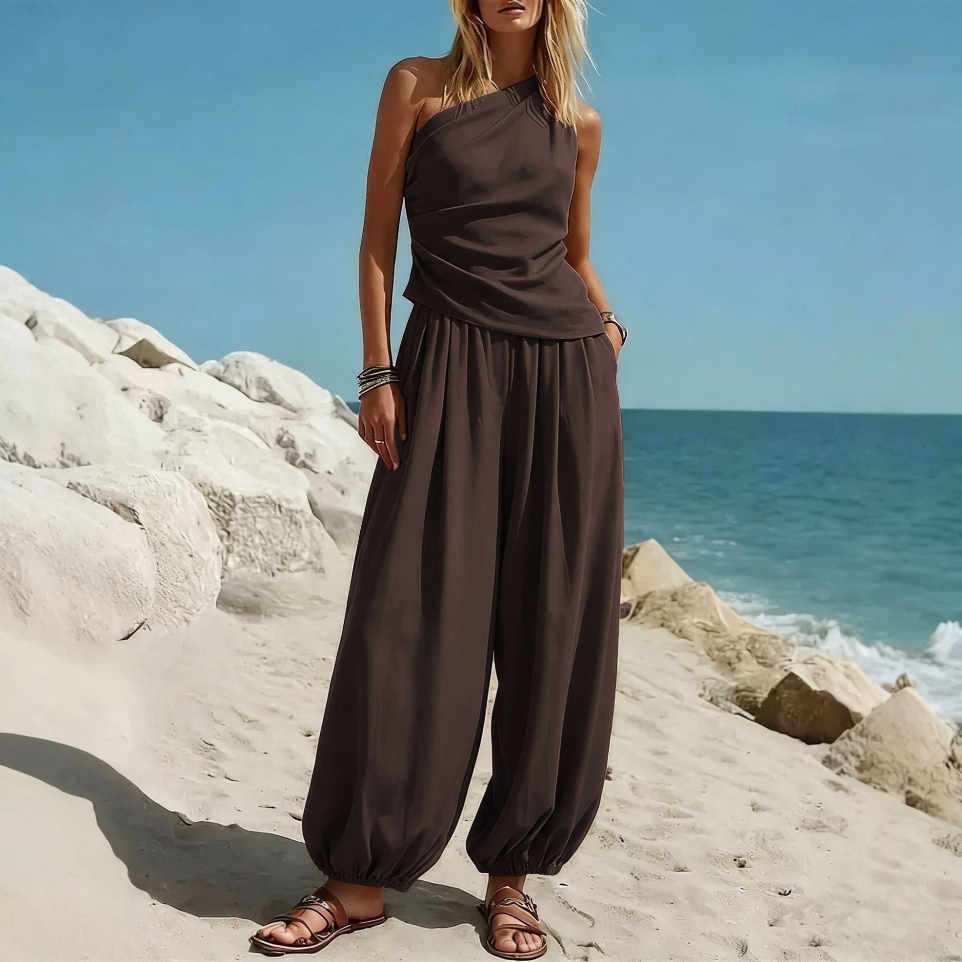 Damen Elegantes Einteiler-Outfit mit Fließendem Schnitt und One-Shoulder-Design