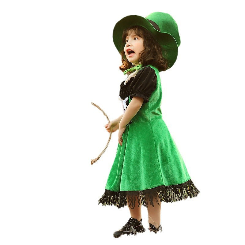 Mädchen Kostüm als irische Leprechaun mit voluminösem Rock und hohem Hut Shop Nory