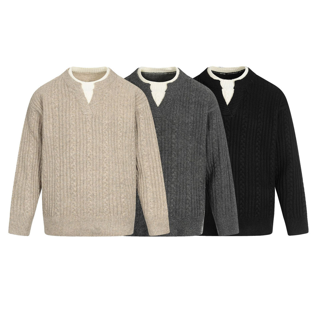 Herren Zopfmuster-Pullover mit V-Einsatz und doppeltem Rollkragen Shop Nory