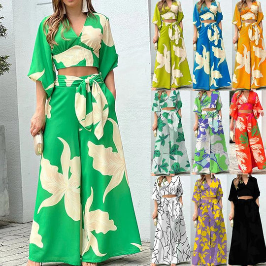 Damen Zwei-Teiler Sommer Set mit Wickel-Crop-Top und Hochtaillierten Palazzo-Hosen EB