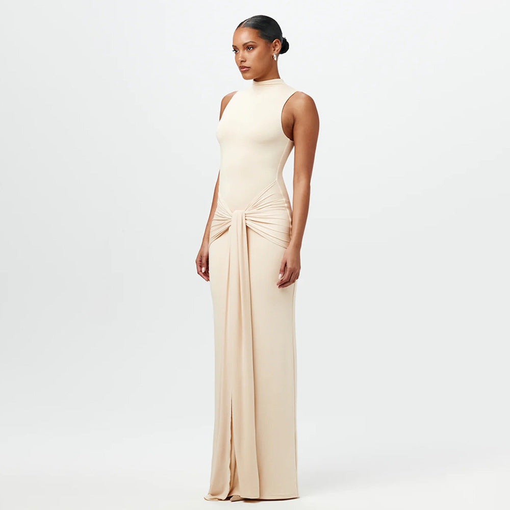 Damen Elegantes Maxikleid mit hochgeschlossenem Kragen und Drapierung Shopnory