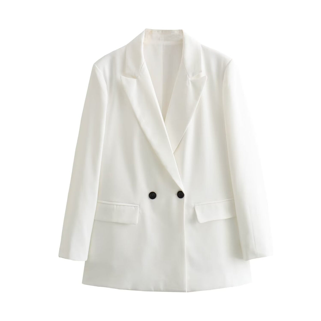 Damen Doppelreihiger Longblazer mit weitem Schalkragen und Pattentaschen Shop Nory