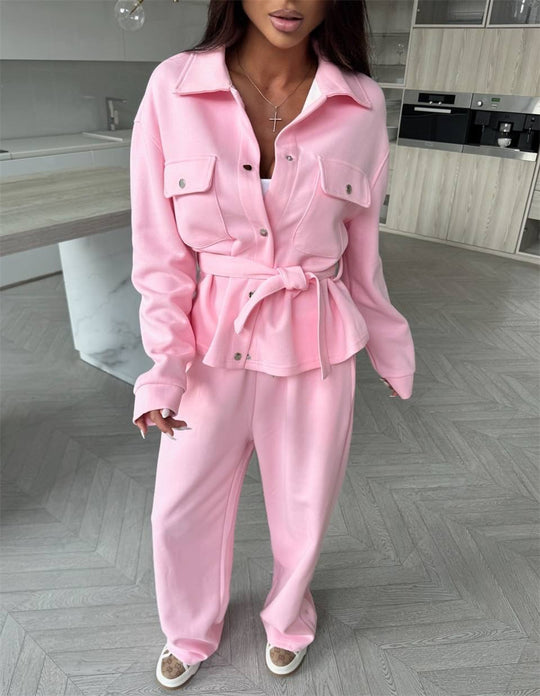 Damen Zweiteiliges Loungewear-Set mit tailliertem Blouson, Bindegürtel und weiter Palazzo-Hose Shop Nory