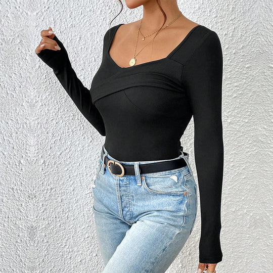 Damen Tailliertes Rippshirt mit quadratischem Dekolleté und Überlappungsdetail Shop Nory