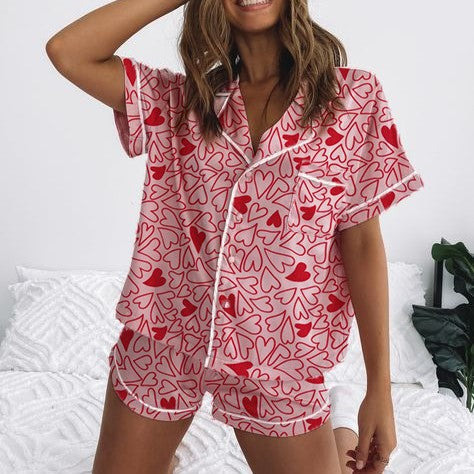 Damen Kurzarm-Pyjama-Set mit verspieltem Schleifenmuster