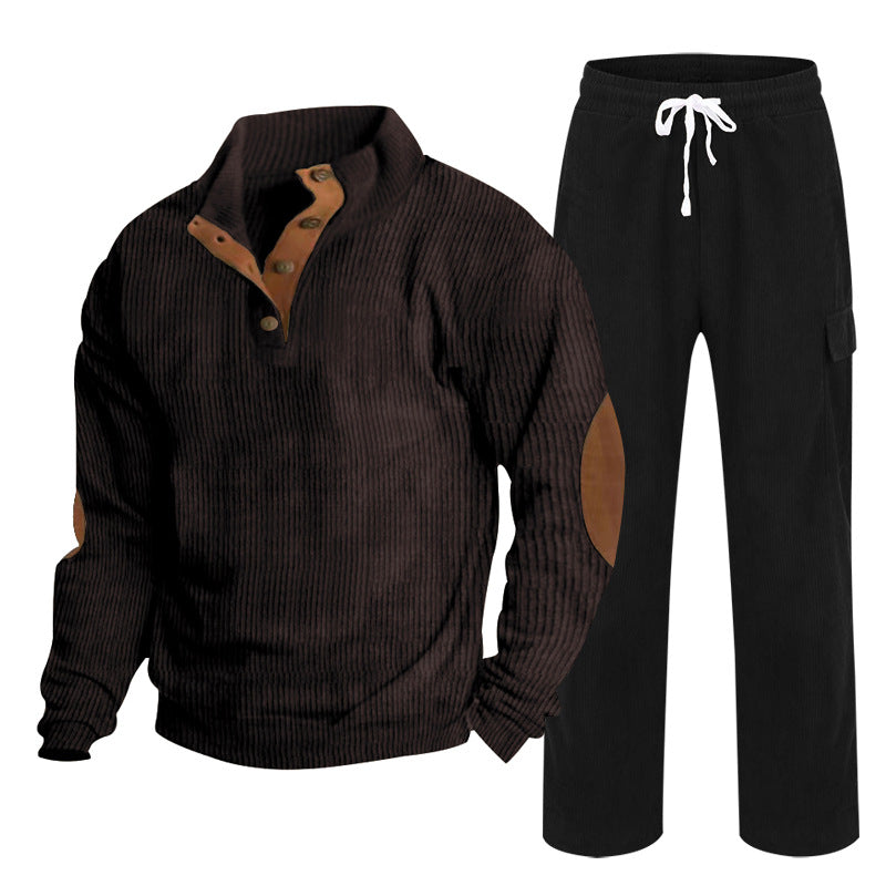 Herren Gemütliches Freizeit-Set aus Waffelstrick-Henley mit Ellenbogenpatch und Relax-Cargo-Hose Shop Nory