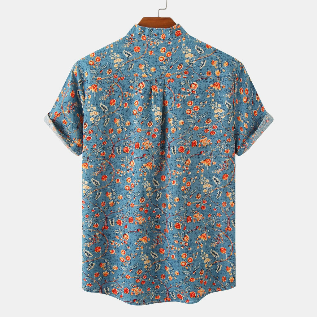 Damen Kurzarmbluse mit modernem Stehkragen und floralen Akzenten Shopnory