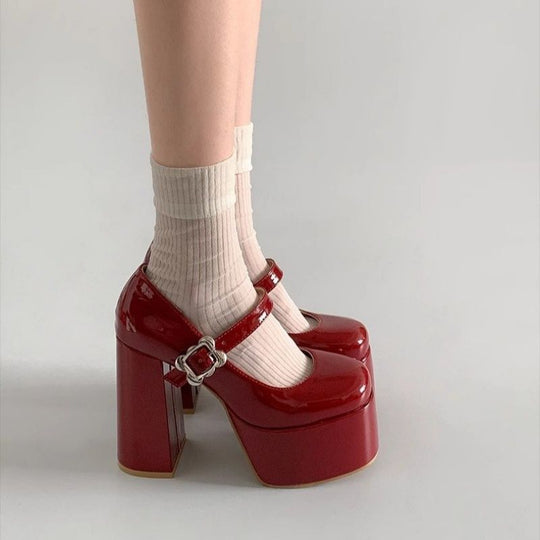 Damen Plateau-Mary-Jane Pumps mit hoher Plattform und sculpted Blockabsatz Shop Nory