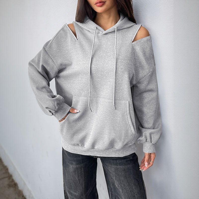 Damen Lässiger Kapuzenpullover mit Schulteröffnungen, Kängurutasche und gerippten Bündchen Shop Nory
