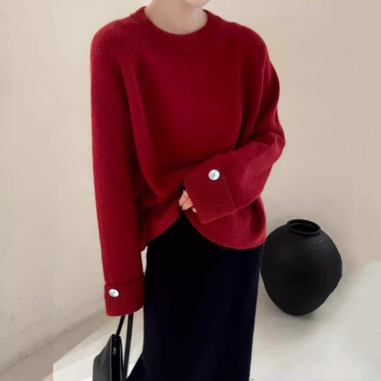 Damen Oversize-Rundhalspullover mit verlängerten Manschetten und Zierknopf Shop Nory