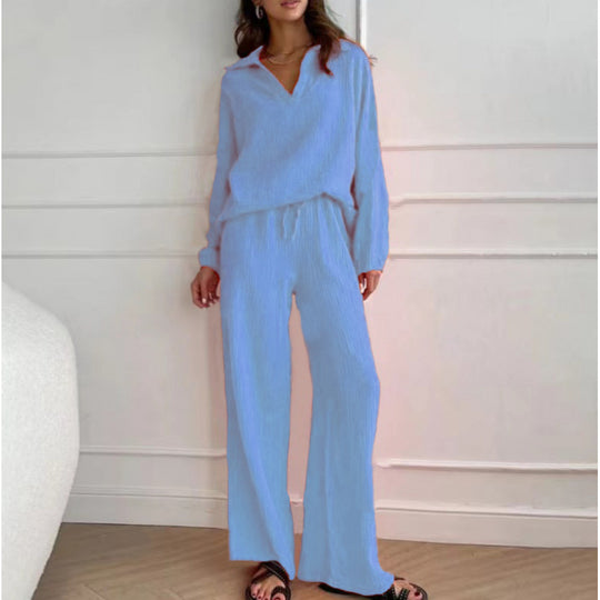 Damen Leichtes Crinkle-Lounge-Set mit V-Ausschnitt und weiter High-Waist-Hose Shop Nory