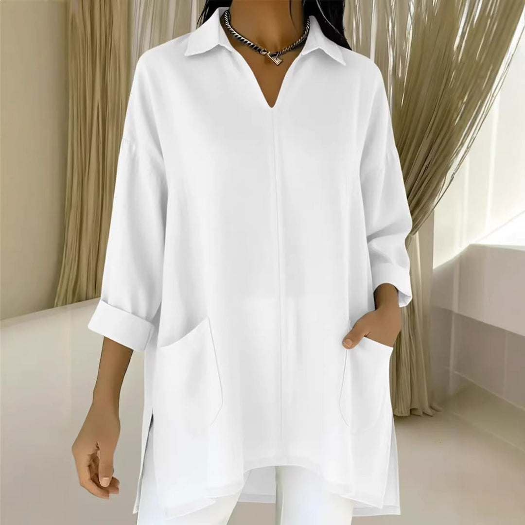 Damen Oversize-Tunika mit Hemdkragen, V-Ausschnitt und aufgesetzten Taschen Shop Nory