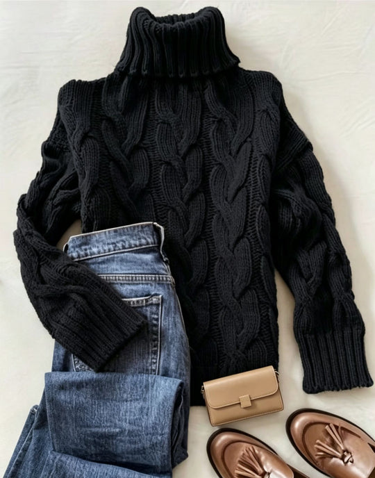 Damen Grobstrick-Rollkragenpullover mit markanten Zopfmustern und gerippten Bündchen Shop Nory