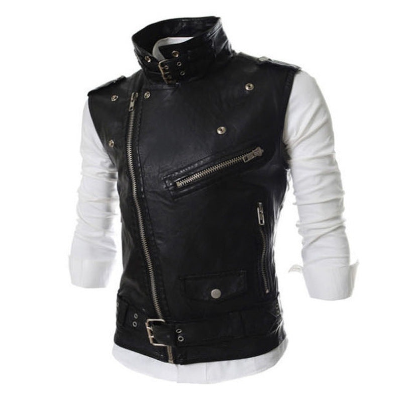 Herren ärmellose Bikerweste mit asymmetrischem Reißverschluss, Ziergürteln und Metallakzenten Shop Nory