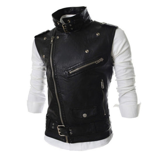 Herren ärmellose Bikerweste mit asymmetrischem Reißverschluss, Ziergürteln und Metallakzenten Shop Nory