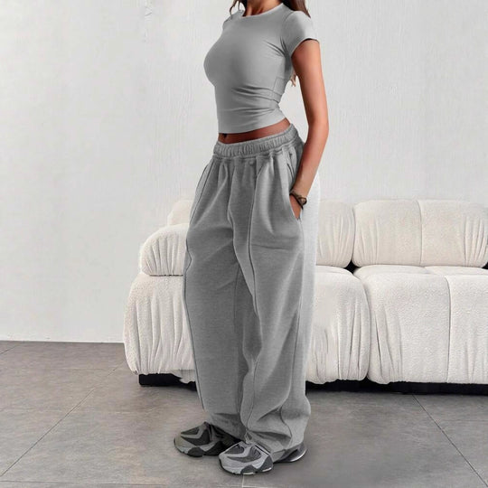 Damen nan enges Cropshirt und weite High-Waist Jogginghosen-Set Shop Nory