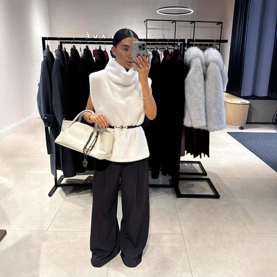 Damen Ärmellose Kunstfell-Weste mit Rollkragen und Taillengürtel Shop Nory