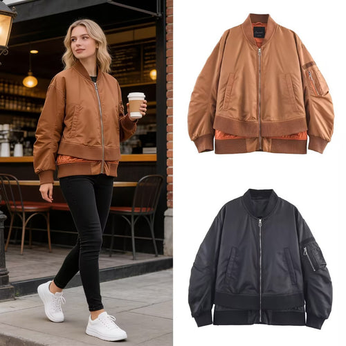 Damen Oversize-Bomberjacke mit wattierter Steppfütterung, Ärmel‑Reißverschlusstasche und breitem Rippbund Shop Nory