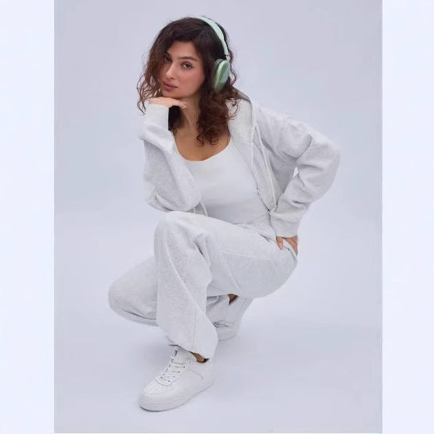 Damen nan zweiteiliges Cozy-Loungewear-Set mit Reißverschlusskapuze, taillenhoher Weitbein-Jogger und verdeckten Eingrifftaschen Shop Nory