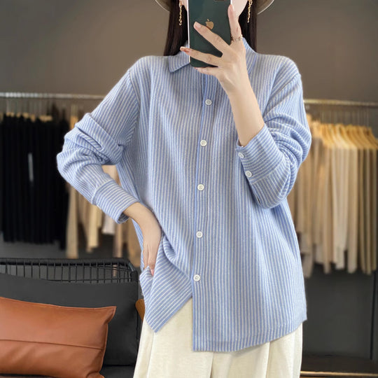 Damen Leichtes Feinstrick-Hemd mit Polokragen und feinen Längsstreifen Shop Nory