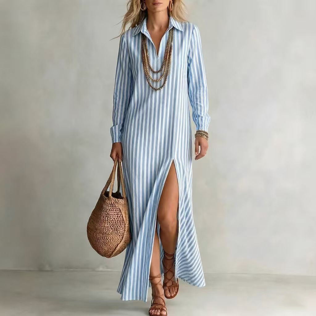 Damen Langes Hemdkleid im Streifen-Look mit Kragen, langen Ärmeln und hohem Beinschlitz Shop Nory