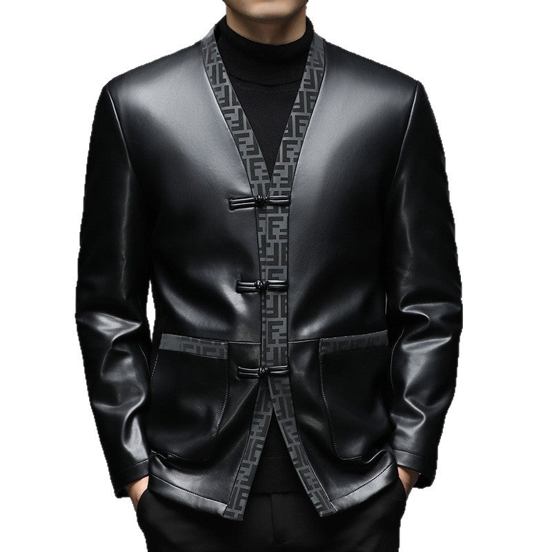 Herren Kunstleder-Sakko im Kimono-Stil mit Jacquardblende und Kordelverschlüssen Shop Nory