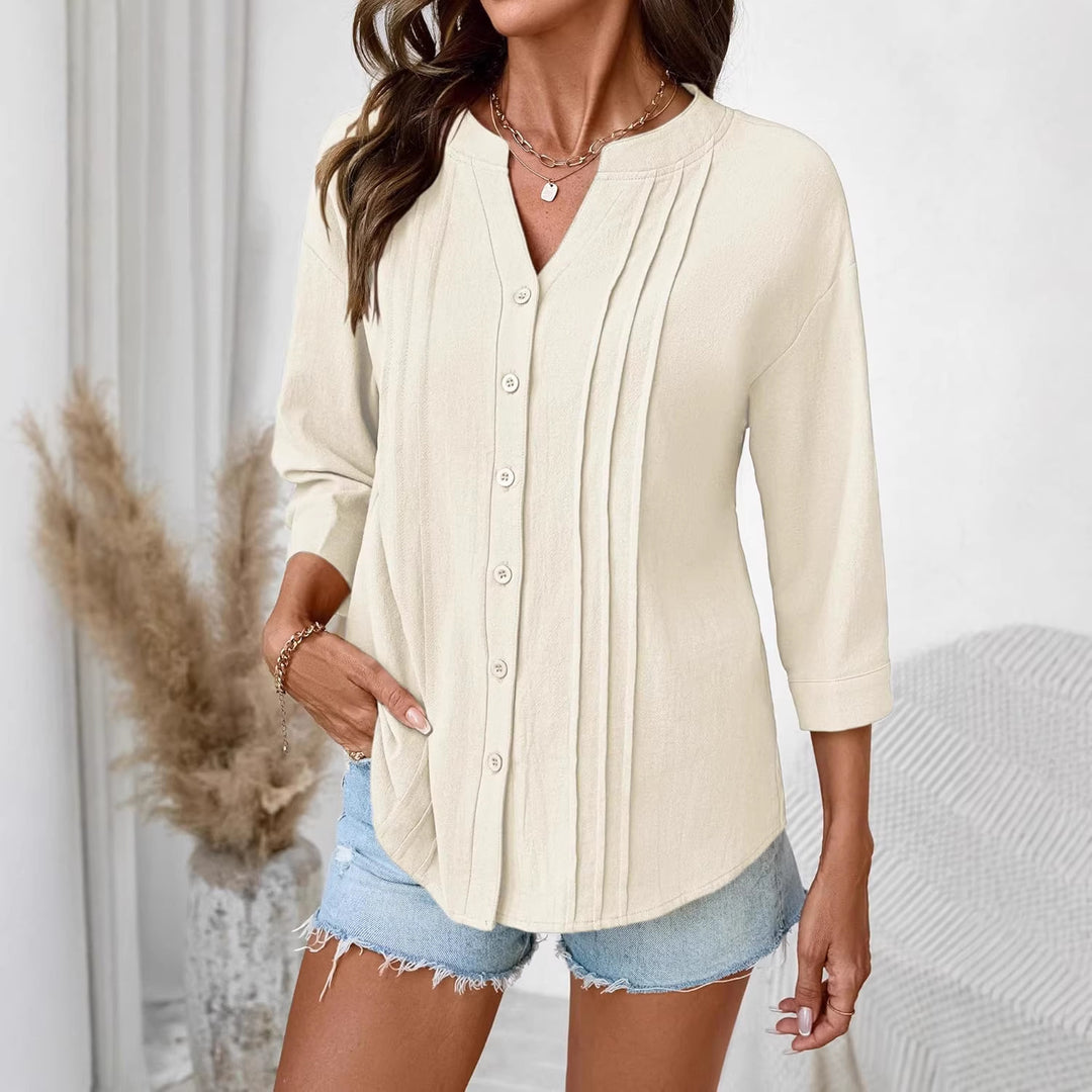 Damen Lockeres Tunikashirt mit Kellerfalten und dreiviertel Ärmeln Shop Nory