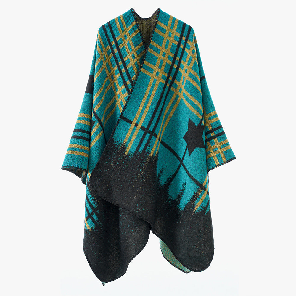 Damen Oversize-Capeponcho aus Wollmix mit Stern- und Karojacquard und weichfallendem Fall Shop Nory