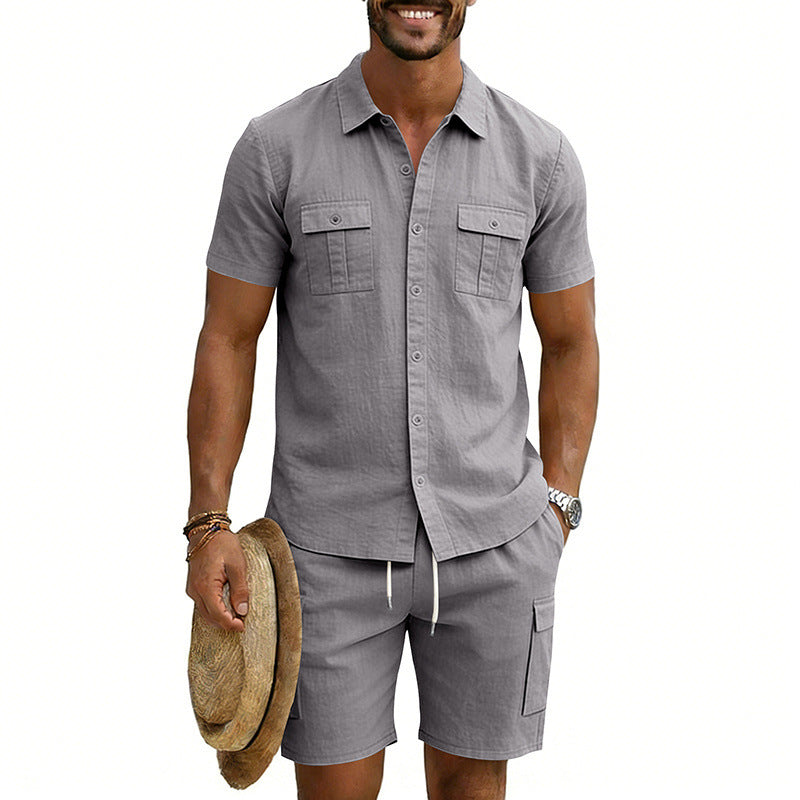 Herren nan sommerliches Freizeitset aus Baumwoll-Leinenmix mit Kurzarm-Hemd und Cargo-Shorts