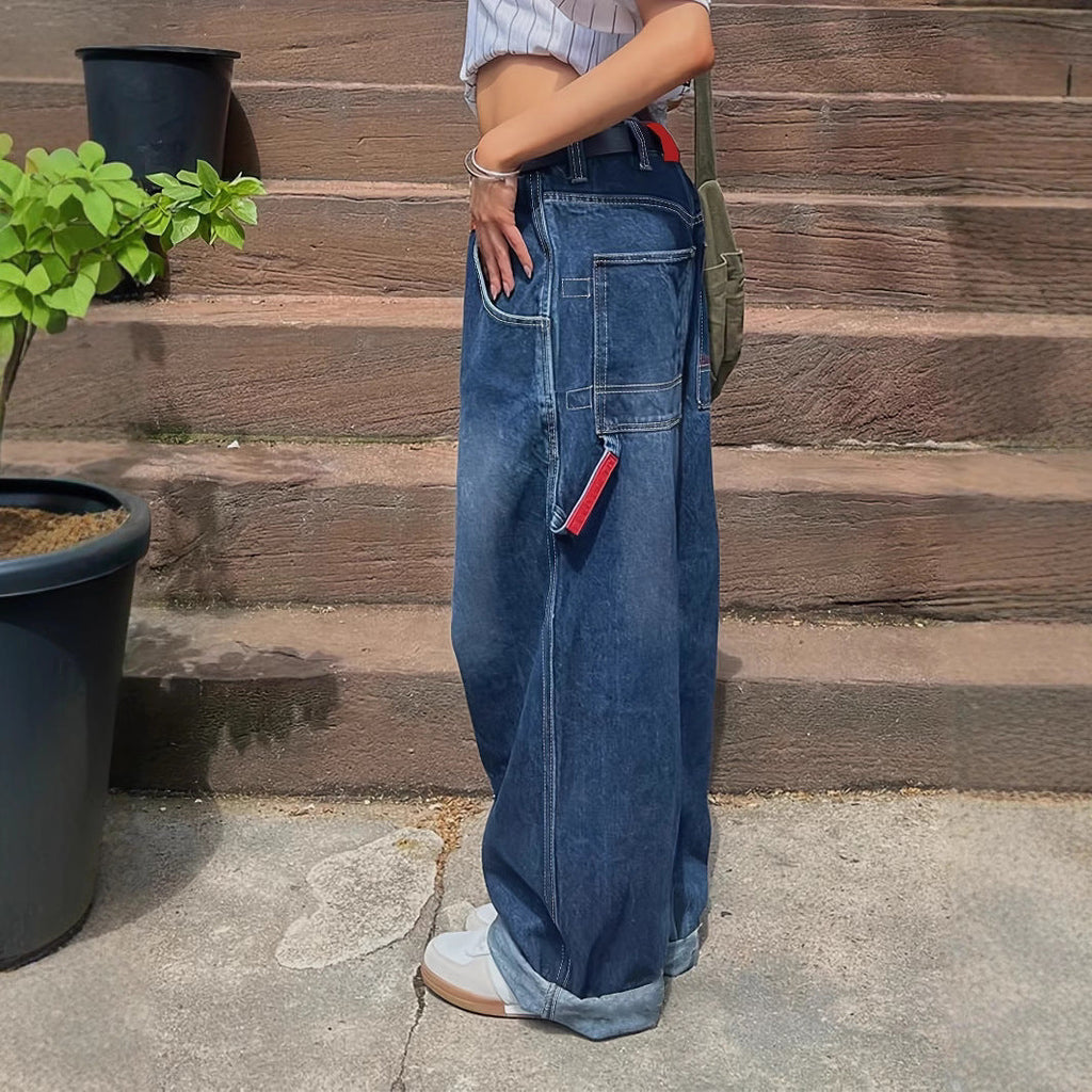 Damen Weit geschnittene Denim-Hose im lässigen Stil mit hohem Bund Shopnory
