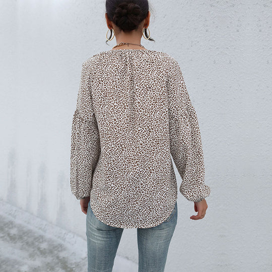 Damen Leopardenprint-Bluse mit V‑Ausschnitt, leichter Viskoseoptik und Ballonärmeln Shop Nory