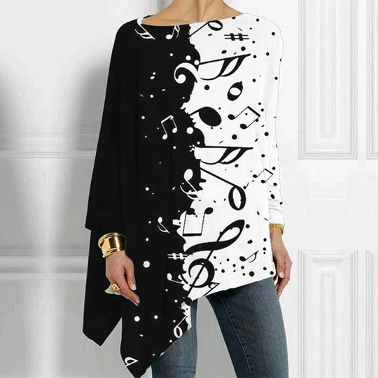 Damen Asymmetrisches Musikprint-Longsleeve mit Klavier- und Notenmotiv Shop Nory