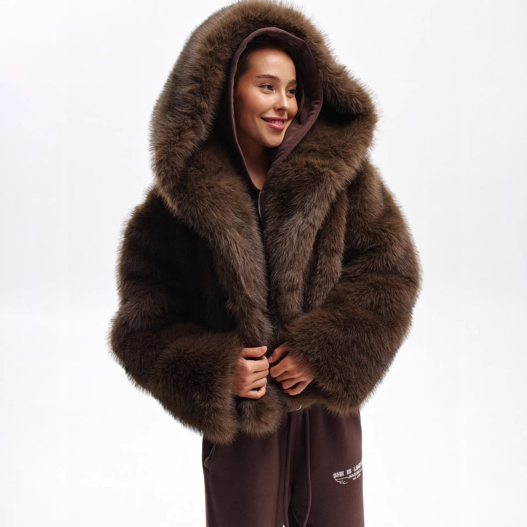 Damen Luxuriöser Kapuzenmantel aus hochwertigem Kunstpelz Shop Nory