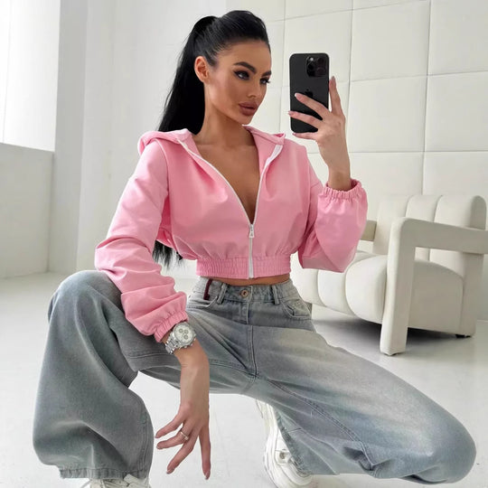 Damen Kurzgeschnittene Kapuzenjacke mit Reißverschluss, elastischem Bund und legerer Passform Shop Nory