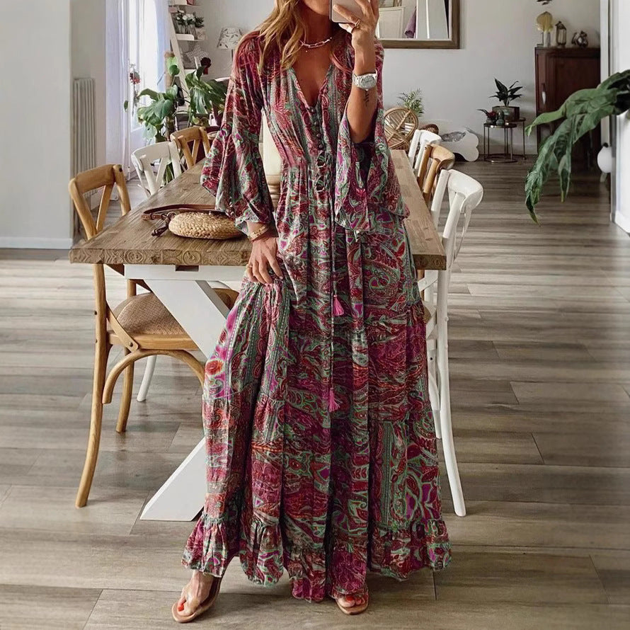 Damen Boho Maxikleid mit Paisley-Print, V-Ausschnitt, Stufenrock und Bindegürtel Shop Nory