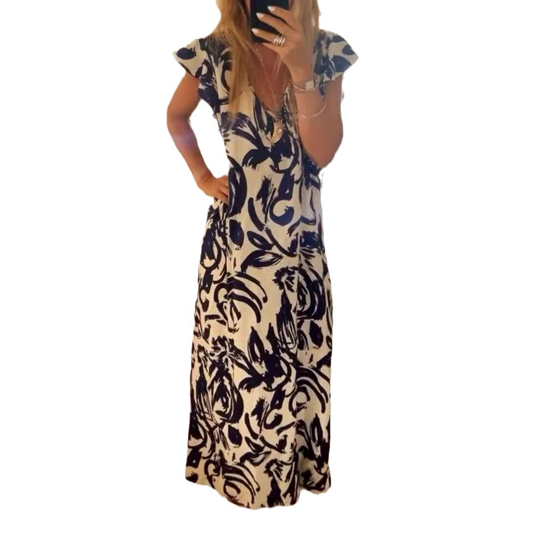 Damen Maxikleid mit voluminösen Ärmeln und elegantem V-Ausschnitt
