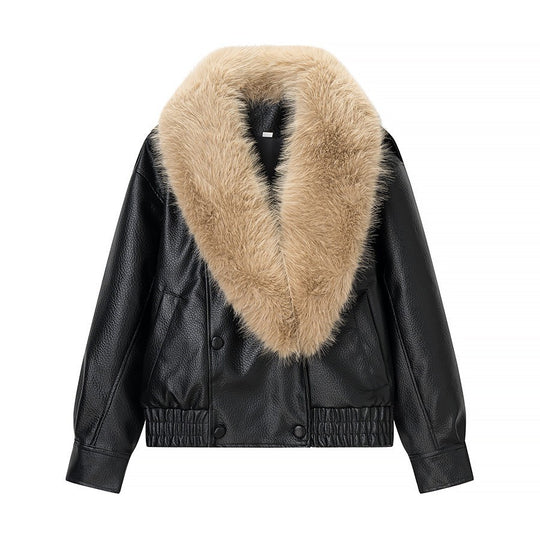 Damen Bomberjacke aus Lederoptik mit voluminösem Fellkragen Shop Nory