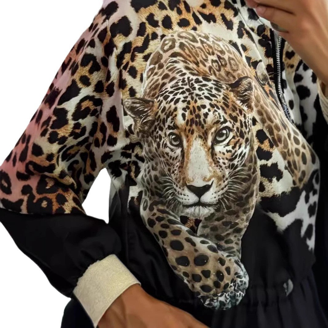 Damen entspannte Bomberjacke mit extravagantem Leoparden-Motiv