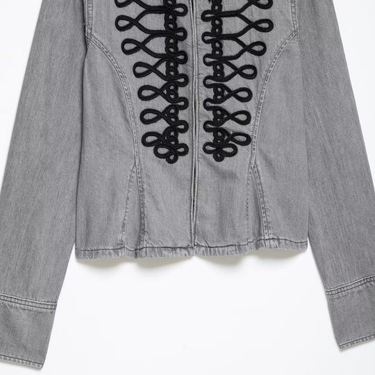 Damen Jeansjacke mit militärischer Kordelapplikation und Stehkragen Shop Nory