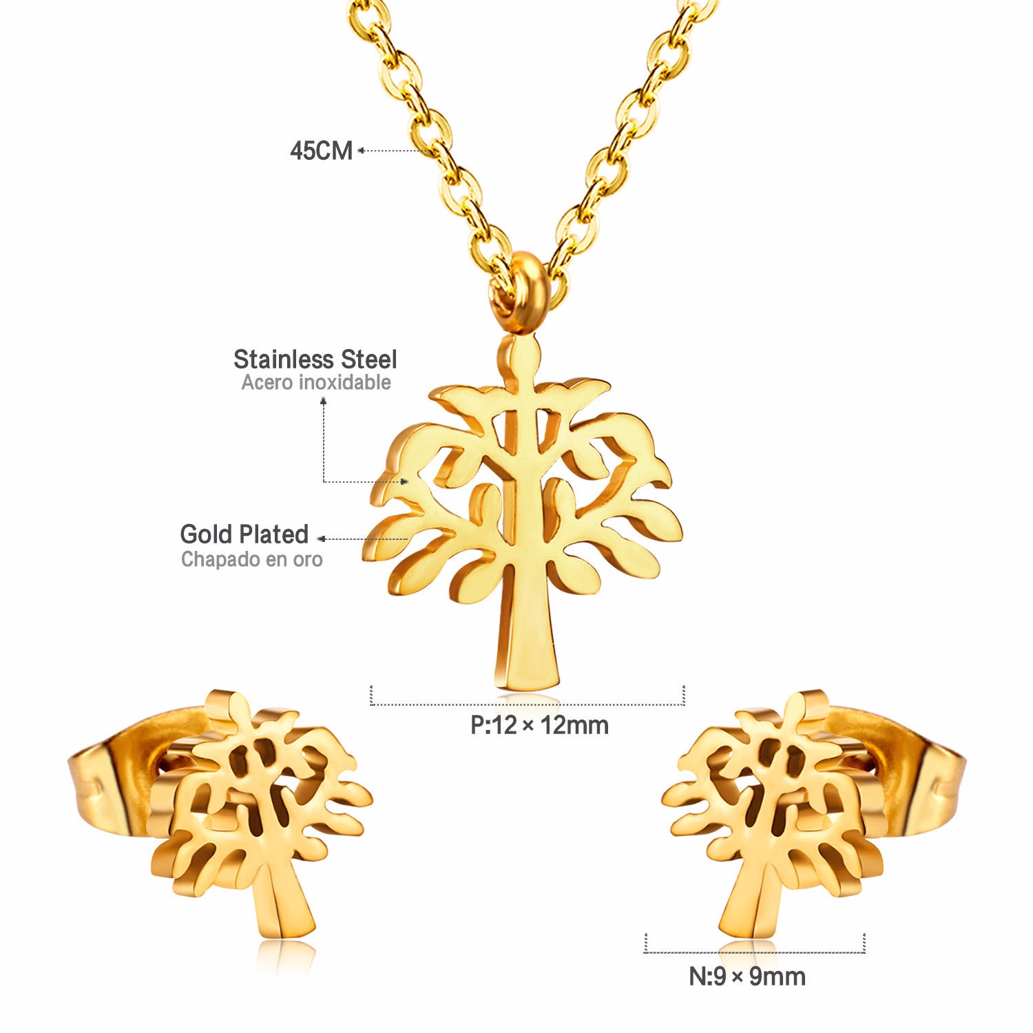 Damen Schmuckset mit Baum-Anhängern aus hochwertigem Edelstahl und goldplattiertem Design Shop Nory