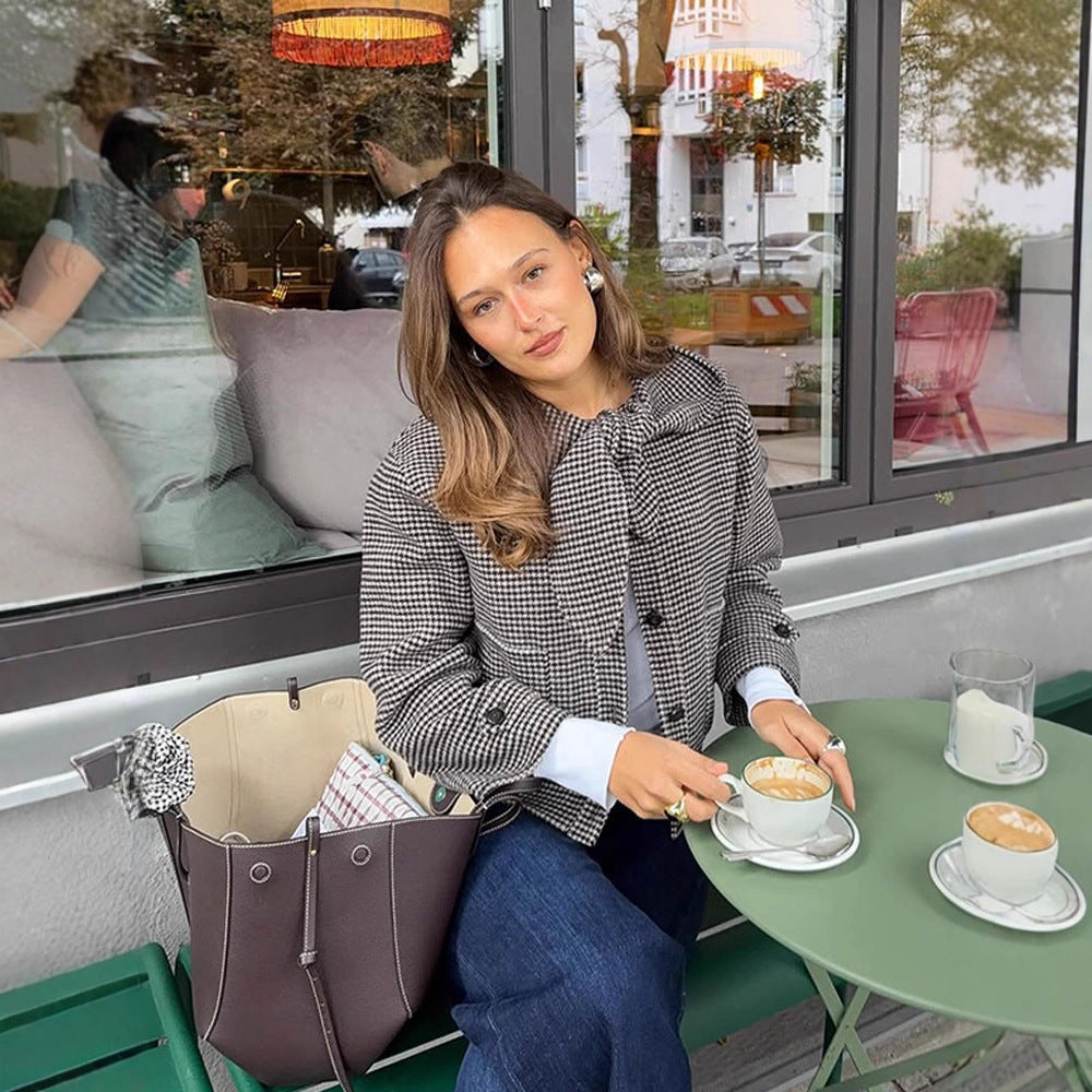 Damen Kurzjacke im Hahnentrittmuster mit Schleifenkragen Shop Nory
