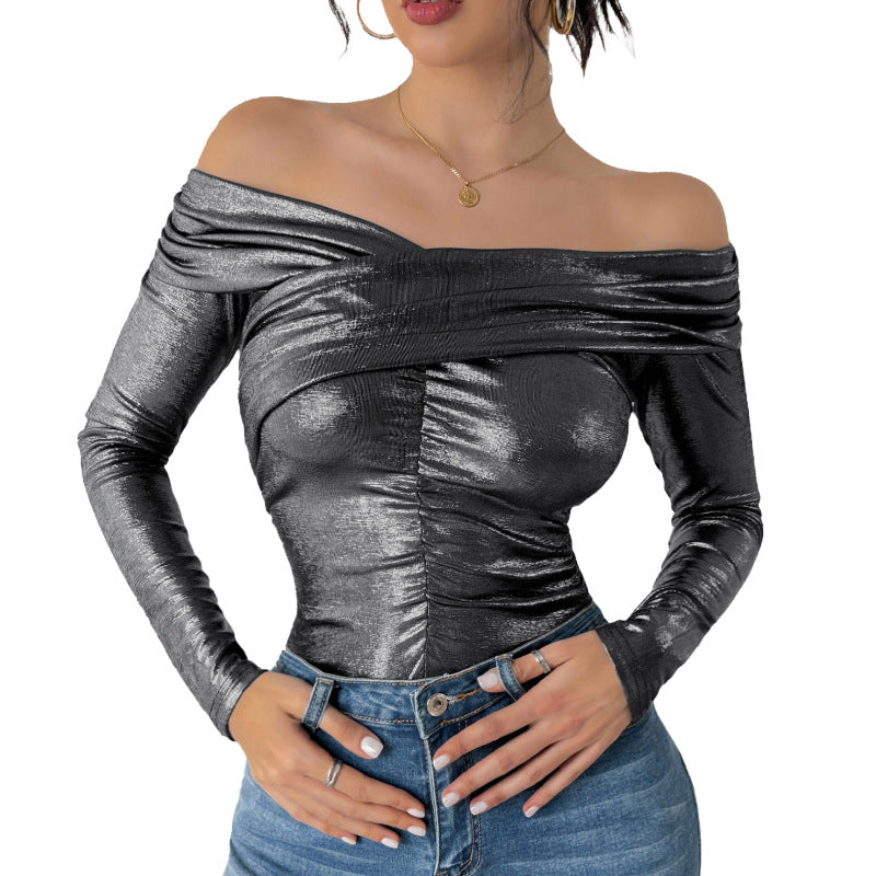 Damen Schulterfreies, glänzendes Metallic-Bodyshirt mit Mittelraffung & enganliegender Passform Shop Nory