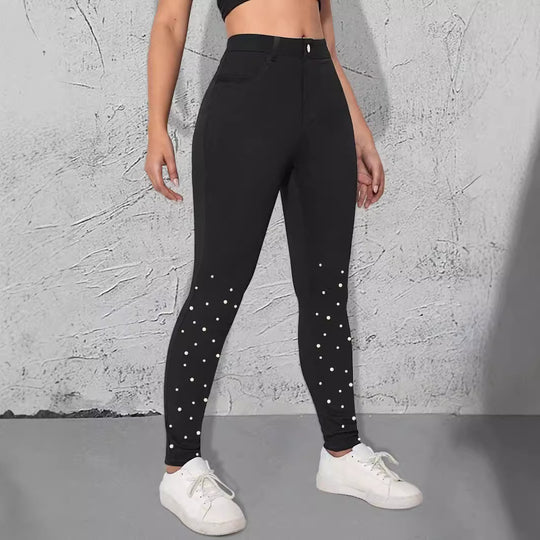 Damen High-Waist Stretch-Jeggings im Denim‑Look mit Perlen-Scatter Shop Nory