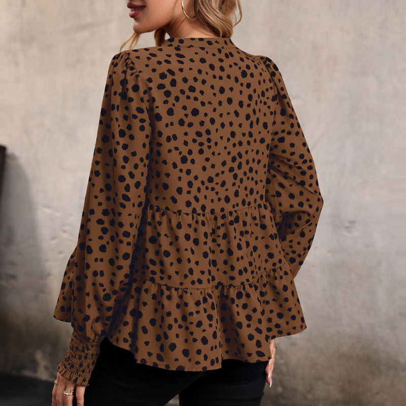 Damen V‑Ausschnitt-Tunika mit Stufensaum, Smokbündchen und gepunktetem Alloverprint Shop Nory