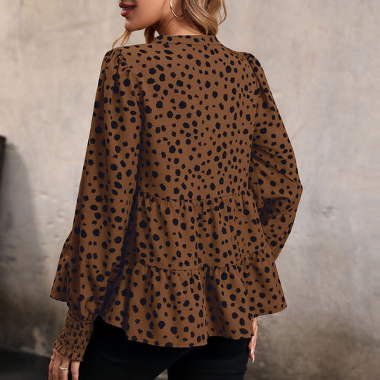 Damen V‑Ausschnitt-Tunika mit Stufensaum, Smokbündchen und gepunktetem Alloverprint Shop Nory