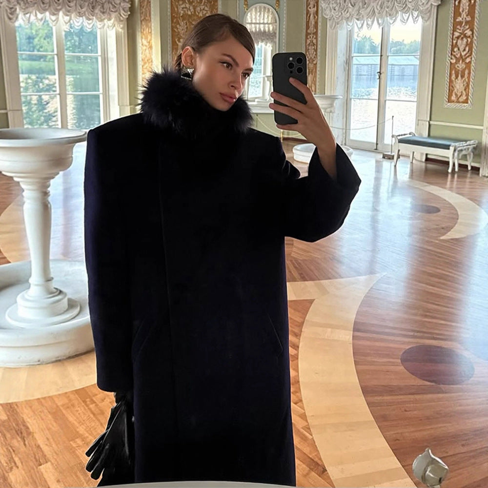 Damen langer Wollmix-Mantel mit großzügigem Kunstpelz‑Schalkragen und Oversize‑Schnitt Shop Nory
