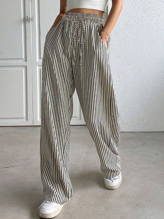 Damen Marlene-Streifenhose aus Leinenmix mit weitem Bein, Elastikbund und Kordelzug Shop Nory