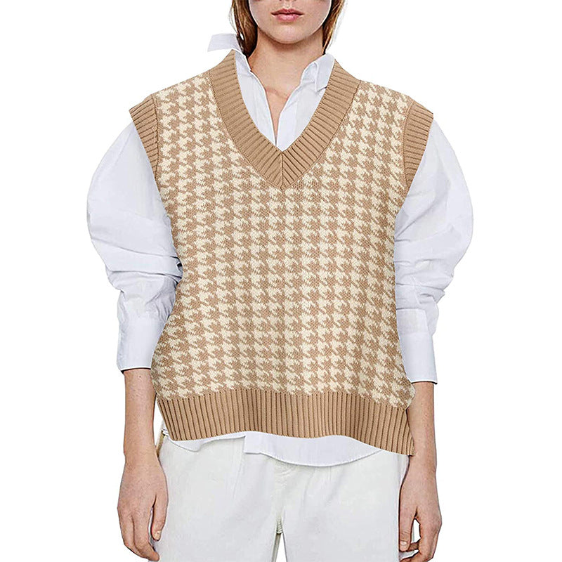 Damen Strickweste mit Hahnentritt-Muster, V-Ausschnitt und geripptem Saum Shop Nory