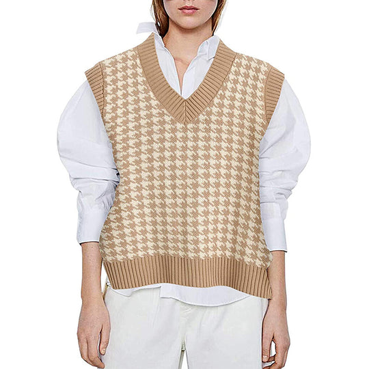Damen Strickweste mit Hahnentritt-Muster, V-Ausschnitt und geripptem Saum Shop Nory
